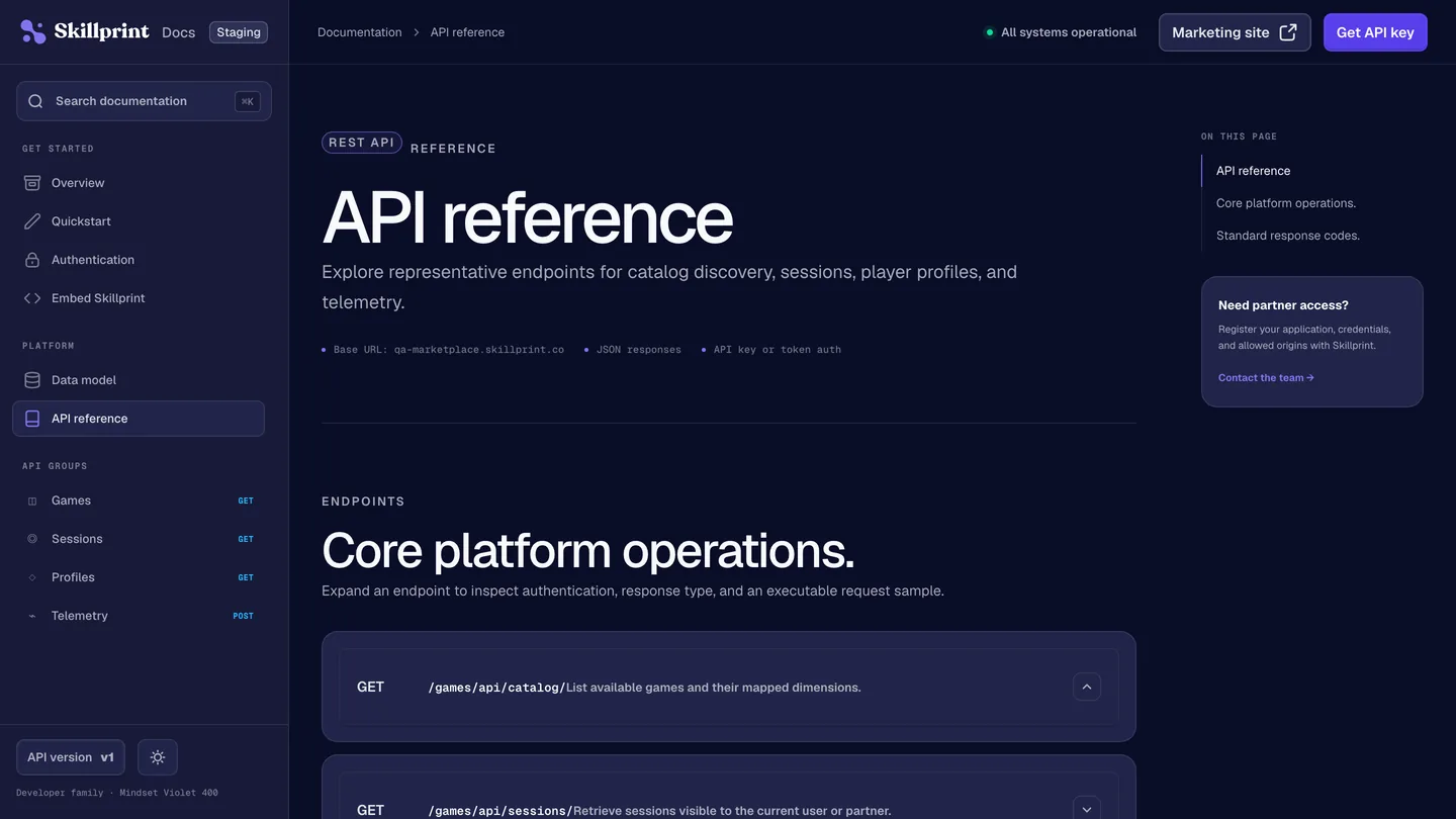 The API reference in the developer documentation, listing the catalog and sessions endpoints with their authentication and response types