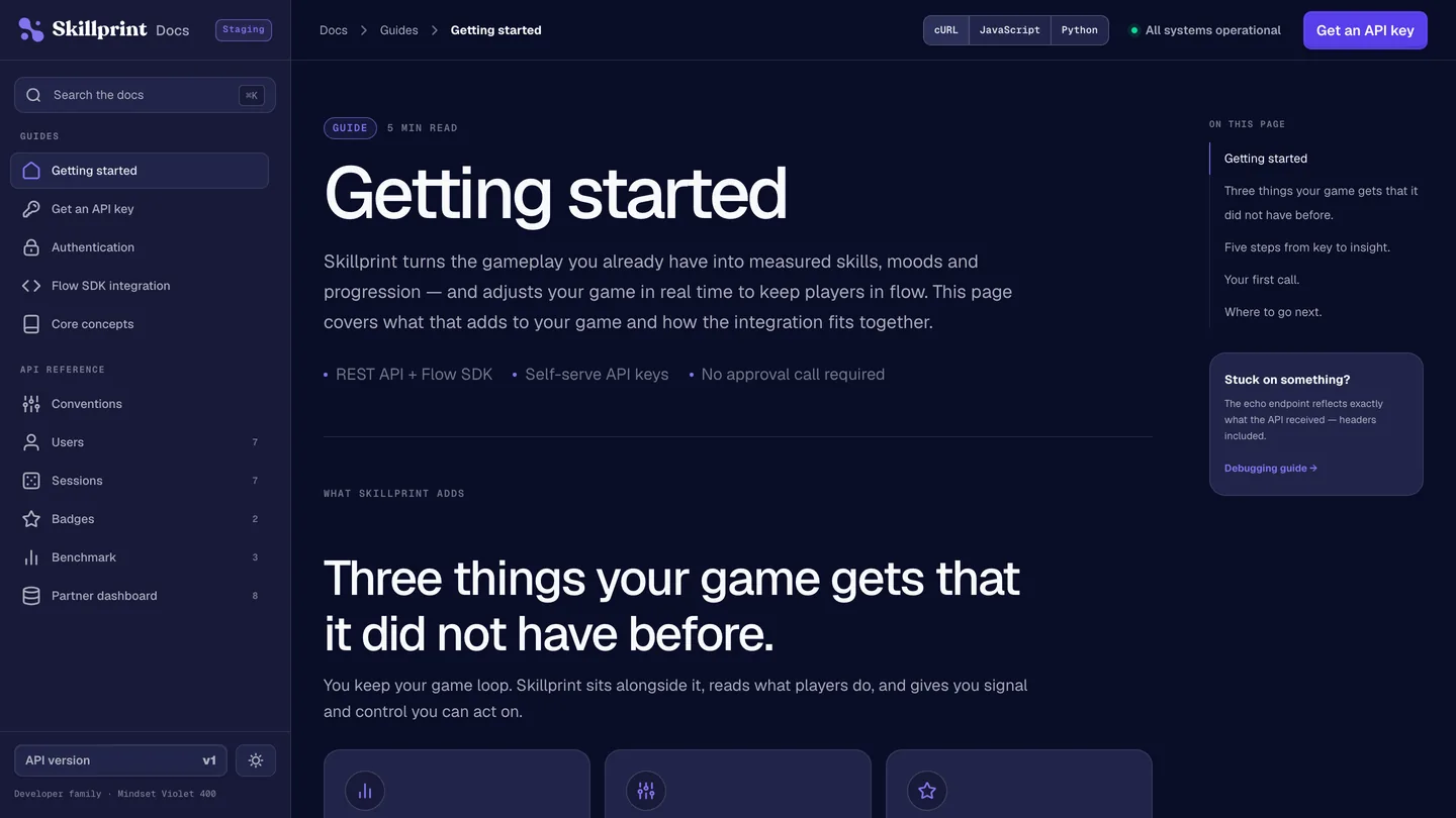 The Skillprint developer documentation: the getting started guide beside the endpoint reference