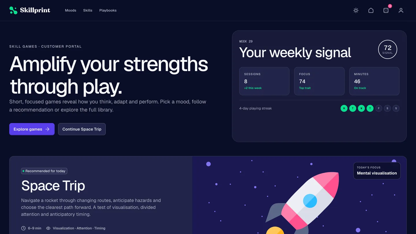 The Skillprint experience your people meet: a weekly strengths score, a playing streak and the game recommended for today